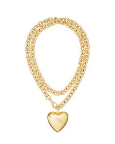 The Puffy Heart Necklace in Gold – Roxanne Assoulin Double Chain Heart Pendant Necklace, Chic Heart Charm Chain Necklace With Heart Pendant, Chic Heart Charm Chain Necklace, Chic Heart Pendant Chain Necklace, Puffy Heart Necklace, Roxanne Assoulin, Brass Chain Necklace, Puffy Heart, Brass Chain