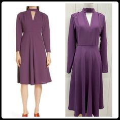 Gorgeous Dress By Lewit Purple Long Sleeves Ties Behind Neck Keyhole V-Neck Sz 10 New Purple Midi Dress For Spring Workwear, Spring Purple Midi Dress For Work, Spring Workwear Purple Midi Dress, Purple V-neck Midi Dress For Work, Purple Button-up Daywear Dress, Relaxed Fit Purple V-neck Dress, High Neck Midi Dress, Asymmetrical Midi Dress, Silk Shift Dress