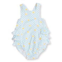 Ruffle Sunsuit in Gingham Daisy Print 95% Cotton Muslin/ 5% Spandex Wash Cold/Dry Low Heat or Hang Dry Spring Gingham Bubble Romper With Ruffles, Summer Cotton Swimwear With Ruffles, Summer Gingham Swimwear With Ruffles, Playful Gingham Swimwear For Spring, Ruffled Bodysuit For Summer Playwear, Summer Ruffled Bodysuit For Playwear, Ruffle Bloomers, Going Home Outfit, Ruffles Fashion