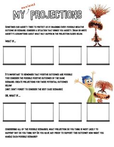 This SEL worksheet is inspired by Inside Out 2's anxious projection scene. It is intended to help us identify our anxious thoughts, challenge them with positive thoughts and recognize the potential for positive outcomes even when feeling anxious! Inside Out Worksheets, Therapist Activities, Thought Challenging, Cbt Activities, Therapeutic Worksheets, Counseling Kids, Art Therapy Projects, Social Emotional Learning Activities