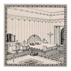 an old fashioned drawing of a bedroom in the style of art deco, with furniture and decor