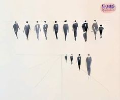 a group of people walking across a white surface