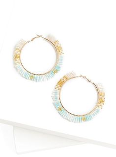 Shimmering beads in mint blue, light pink, gold, and ivory adorn a pair of hoop earrings that are lightweight and prismatic. Lever backs. Man-made materials. Imported. The best plus size women's multi beaded hoop earrings in multi. Crescent Earrings, Beading Jewelery, Beaded Earrings Patterns, Hoop Earring Sets, Mint Blue, Beaded Hoop Earrings, Beaded Hoops, Earring Patterns, Seed Bead Earrings