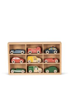 a wooden toy car display case filled with different colored cars on top of each other