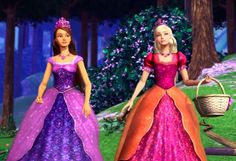 two barbie dolls are standing in the woods with flowers and trees on either side of them