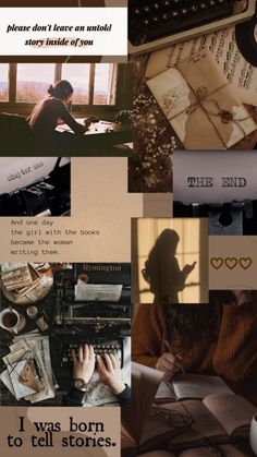 a collage of images with words and pictures on them, including an old typewriter