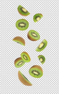 sliced kiwi fruit on a white background with clippings to cut in half