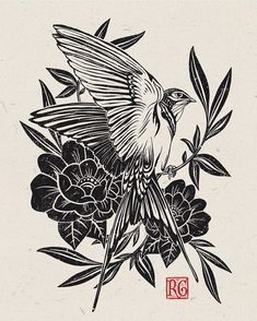 a black and white drawing of a bird on flowers