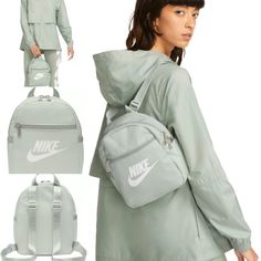 Seafoam/Sail, 2 Slip-In Exterior Pockets, Felt Lined Front Zipper Pocket Provides Secure Storage For Your Phone, Keys And Cards. Adjustable Shoulder Straps, Swoosh Zipper Pulls, 100% Polyester Nike White Backpack For Everyday Use, White Nike Backpack For Everyday Use, Nike White Bag For Back To School, White Nike Bag For Back To School, Nike White Standard Backpack, Casual White Nike Bag, Nike Green Bags For Travel, Everyday Nike Nylon Bag, Nike Green Functional Bags