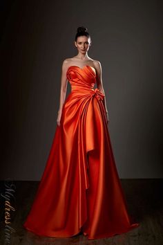 Elevate elegance with the Ziad Germanos ZG57 A-Line Satin Evening Dress. Strapless sweetheart neckline, ruched details, and a flattering slit for a luxurious and sophisticated look. Perfect for weddings or special events, this sleeveless beauty creates a stunning silhouette. Satin Dress Red, Orange Formal Dresses, Satin Evening Dress, Evening Dress Patterns, Dress Red Carpet, Bride Attire, Plastic Dress, Satin Evening Dresses, Strapless Sweetheart Neckline