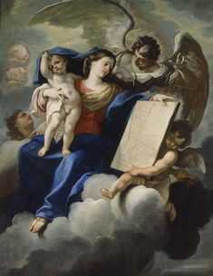 the painting depicts an angel with two children on his lap and one holding a book