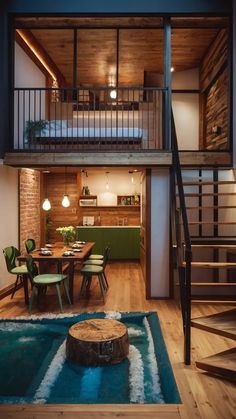 an open floor plan with stairs leading up to the upper level and dining table in the middle