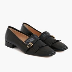 Kiltie Low Heel Black Loafer With Gold Buckle Timeless Black Loafers For Workwear, Timeless Black Loafers For Work, Elegant Black Flats With Buckle Closure, Workwear Loafers With Buckle Closure And Flat Heel, Timeless Black Loafers For Office, Timeless Black Office Loafers, Work Loafers With Buckle Closure Flat Heel, Workwear Loafers With Buckle Closure Flat Heel, Elegant Formal Flats With Buckle Closure