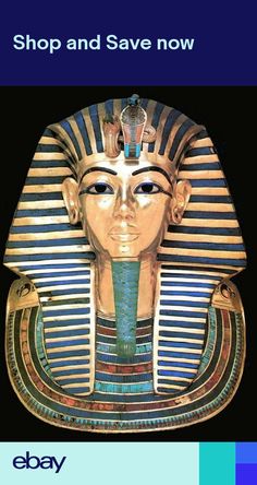 an egyptian mask with blue and gold stripes on it's face, in front of a black background