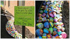 there are many different colored eggs in the ground and one has a sign on it