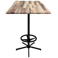 a wooden table sitting on top of a metal bar stool