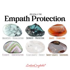 This is an empath protection crystal set of 6 tumbled stones. Magnesite, shungite, agate, fluorite, clear quartz and smoky quartz. This empath protection set includes: ☆ 6 stones are listed above with sizes 2 - 2,5 cm. ☆ Information glossy card with the properties of crystals. ☆ Velvet bag for your stones. ☆ Gift card (optional). ☆ Everything is packed in a small elegant box with a ribbon ready to be given as a gift. ☆ CRYSTALS PROPERTIES ☆ Magnesite - Visualization Shungite - Protection Agate - Spell Components, Energy Stones Crystal Healing, Shungite Crystal, Crystal Tips, Crystal Healing Chart, Astrology Meaning, Teen Witch, Empath Protection, An Empath