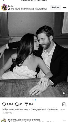 a man and woman sitting next to each other in front of a table with an instagram