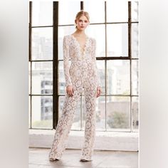 Tadashi Shoji Revel Long-Sleeve Lace Jumpsuit Size 14. I Used Once For My Wedding. I Am 5'6 And Length Was Perfect With Heals. There Is A Small Amount Of Wear At The Bottom, But Pretty Unnoticeable. Comes With Original Bag. Shoji White, Tadashi Shoji Dresses, Lace Jumpsuit, Tadashi Shoji, Original Bags, My Wedding, Long Sleeve Lace, Wedding Dresses, Jumpsuit