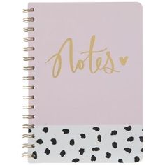 a pink notebook with black and white polka dots on the cover that says, notes