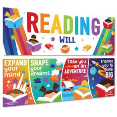 an advertisement for reading will with children's books and other things to read on it