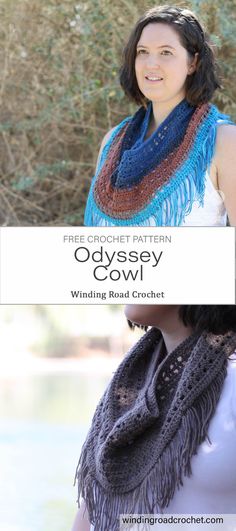 a woman wearing a crochet shawl with text overlay reading free crochet pattern odyssey cowl