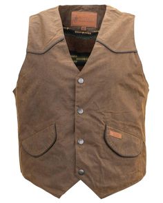 Product Description: This garment features a breathable design, button-down closure, insulated material, a security pocket, and warming properties. It is also waterproof and made with primary oilskin material, specifically for men. Care instructions include cleaning with a dry brush, washing with water only, and re-oiling once a year for waterproofing. This vest is suitable for a western or workwear lifestyle, with a 12oz oilskin fabric and other notable features such as besom pockets, inside po Rugged Winter Vest For Outdoor Activities, Rugged Outdoor Winter Vest, Brown Outerwear With Side Pockets For Outdoor Activities, Classic Brown Outerwear For Outdoor Work, Brown Cotton Vest For Outdoor Use, Brown Cotton Vest For Outdoor Activities, Brown Outdoor Vest With Pockets, Brown Cotton Vest For Outdoor, Functional Cotton Outerwear For Outdoor