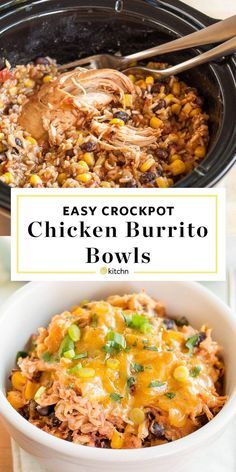 easy crockpot chicken burrito bowls with text overlay