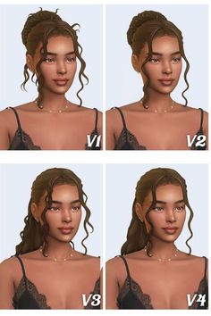 four different views of a woman's face with various hair styles and facial expressions