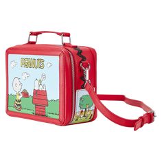 Take the scenic route back to school with our Loungefly Peanuts® Charlie Brown Lunchbox Crossbody Bag. This retro-themed accessory features several fun-filled scenes of memorable moments from Charlie Brown and the gang. On the front, as Charlie Brown delivers Snoopy his dog food, Snoopy lounges on top of his doghouse, with Woodstock perched on his belly, chirping. On the side panels, Charlie Brown and his friends gather on the football field and near a tree covered in kites. The wavy pattern fro Peanuts Charlie Brown Snoopy, Peanuts Charlie Brown, Charlie Brown Snoopy, Peanuts Snoopy Woodstock, Coordinating Patterns, Charlie Brown Peanuts, Charlie Brown And Snoopy, Brown Vintage, Snoopy And Woodstock