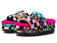 UGG Maxi Checks Slide - Women's Shoes : Black Multi : The UGG Maxi Checks Slide is a statement sandal featuring a signature sheepskin insole and unique checkerboard mashup print. Set on a maximalist 2.5 sole, it offers a leg-lengthening look and ultra-cushioned step. Pair with shorts, crop-tops, and more - the styling options are endless. Slip on style. Round, open toe silhouette. Stretch textile upper. Textile lining. 10mm sheepskin insole. Textile wrapped, dual density EVA midsole. EVA outsole 2022 Boots, Entertainment Recipes, Red Nike Shoes, Waterproof Uggs, Ugg Tasman Slippers, Ugg Classic Ultra Mini, Ugg Mini, Boots Slippers, Trending Boots