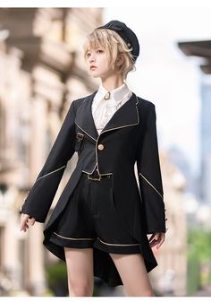 An item with the atmosphere of a prestigious butler. A fishtail jacket with different lengths at the front and back gives it an elegant feel. The short shorts are decorated with a belt at the waist. The blouse is decorated with ribbons and brooches on the chest, pleats on the front, and laces on the back. 
 
 Delivery schedule 
 
 This is a made-to-order product. 
 It will take approximately 2 to 2 and a half months from order to delivery. 
 
 
 
 Item 
 
 3-piece set of jacket + shorts + blouse Elegant Tailored Formal Shorts, Tailored Elegant Formal Shorts, Elegant Tailored Shorts For Formal Occasions, Elegant Black Formal Shorts, Elegant Formal Black Shorts, Elegant Long Sleeve Sets For Costume Party, Elegant Black Sets For Costume Party, Elegant Long Sleeve Costume Suit, Fitted Formal Shorts For Spring