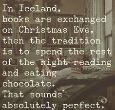 two people laying on a bed with the words in iceland, books are exchangeable on christmas eve then the tradition is to spend the rest of