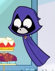 a cartoon character wearing a purple scarf and holding a cake in front of her face