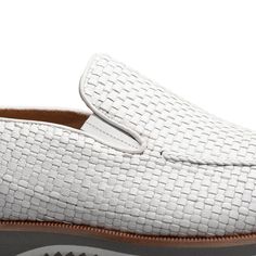 Mezlan Woven Hybrid Loafer White Contemporary, Casual Apron Toe Double Gore slip-on Loafer from the Mezlan Collection in Hand Woven Artisan Calfskin, featuring soft Calfskin lining, their injected memory foam comfort-cushion insole and a Rubber-Lite Grid Rubber Sole! Handmade in Spain. Mens Leather Chukka Boots, Cordovan Shoes, White Shoes Men, White Leather Shoes, Luxury Designer Shoes, Leather Chukka Boots, Formal Loafers, Spring Step Shoes, Leather Slip On Shoes