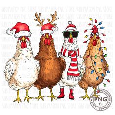 three chickens wearing christmas hats and sunglasses