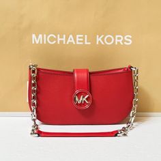 New With Tag Michael Kors Carmen Small Shoulder Chain Bag Saffiano Leather Michael Kors Logo At Front Silver Toned Hardware Bright Red 100% Authentic Retail: $398.00 Plus Tax **Please See The Measurement For The Size** No Dust Bag Michael Kors Logo At Front Zip Top Closure Smooth Leather On Flap Top Closure Custom Fabric Lining 3 Card Slots 9.5"(L) X 4.5"(H) X 2.75"(D) Strap: 11" Very Clean, Smoke-Free And Pet-Free Environment. Elegant Silver Shoulder Bag With Logo Hardware, Chic Silver Shoulder Bag With Logo Hardware, Party Shoulder Bag With Logo Hardware, Silver Party Bags With Metal Logo, Michael Kors Shoulder Bag With Metal Logo, Michael Kors Silver Shoulder Bag With Branded Hardware, Michael Kors Silver Shoulder Bag For Evening, Michael Kors Silver Evening Shoulder Bag, Silver Michael Kors Shoulder Bag For Evening