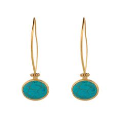 Enhance your style with the fresh and elegant Turquoise Gemstone & Gold Dangle Earrings. These beautiful earrings feature stunning turquoise gemstones delicately dangling from 18k gold-plated brass, making them the perfect accessory for a chic and stylish look. The turquoise gemstones are set in 18k gold-plated brass, providing a luxurious finish and ensuring durability. The gold plating beautifully complements the blue gemstones, creating a sophisticated and elegant look. These earrings are des Elegant Turquoise Earrings With Gemstone Accents, Elegant Turquoise Long Drop Jewelry, Elegant Turquoise Earrings With Natural Stones, Elegant Turquoise Gemstone Earrings, Turquoise Dangle Earrings With Gemstone Accents, Turquoise Gemstone Drop Earrings, Turquoise Drop Earrings With Gemstone Accents, Dad Jewelry, June Birthstone Jewelry