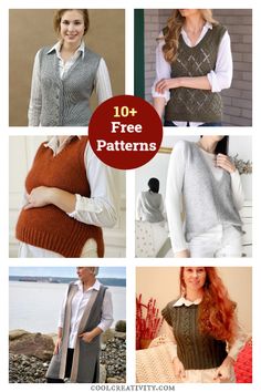 knitting patterns for vests and sweaters with text overlay that says 10 free patterns