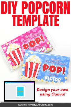 two bags of popcorn sitting next to each other on top of a computer screen with the text diy popcorn template