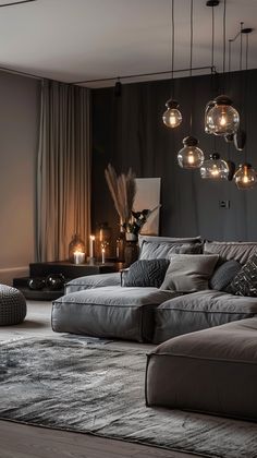 a living room filled with furniture and lights