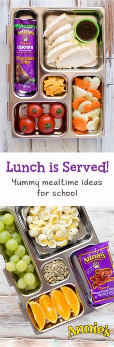 lunch is served with an assortment of vegetables and fruits in trays on a wooden table