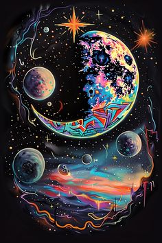 an artistic painting of the moon and stars in the night sky with colorful paint on it