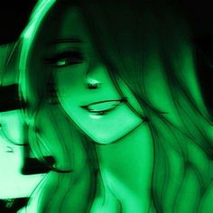 a drawing of a woman with long hair and green light on her face, looking to the side