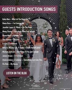 a group of people standing next to each other in front of a wedding arch with confetti