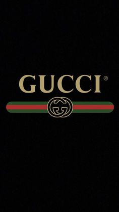 gucci logo on a black background with red and green stripe around the bottom corner