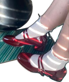 Red Shoes Coquette, Red Shoe Aesthetic, Cherry Red Fashion Aesthetic, Cherry Red Mary Janes Outfit, Outfits With Red Mary Janes, Red Socks Aesthetic, Cherry Red Mary Janes, Red Aesthetic Shoes