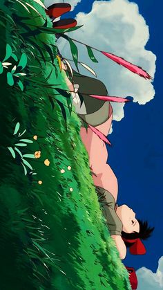 an animated image of two people in the grass with kites flying above their heads