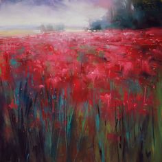 an abstract painting of red flowers in a field