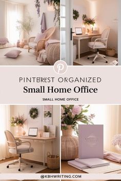 the pinterest organized small home office is shown in this collage with pink flowers